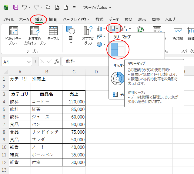 ［挿入］タブの［グラフ］グループにある［ツリーマップ］