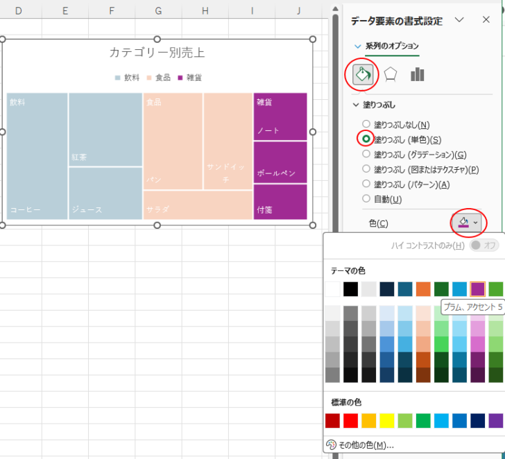 ［データ要素の書式設定］作業ウィンドウの［塗りつぶし］