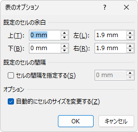 ［表のオプション］ダイアログボックス
