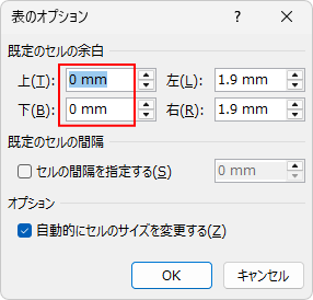 ［表のオプション］ダイアログボックスの上下余白［0㎜］