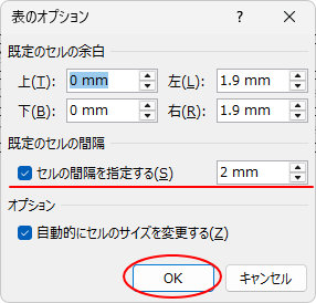 ［表のオプション］ダイアログボックスの［セルの間隔を指定する］を［2㎜］に設定