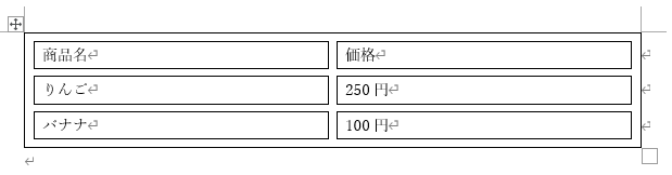 セルとセルの間隔が空いた表