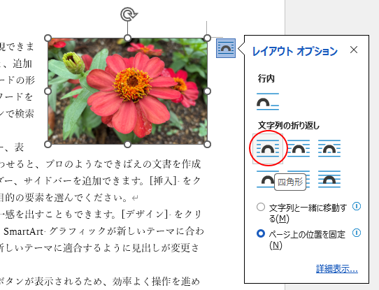 ［レイアウト オプション］の［四角形］