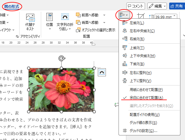 1つの画像を選択している場合の［オブジェクトの配置］メニュー