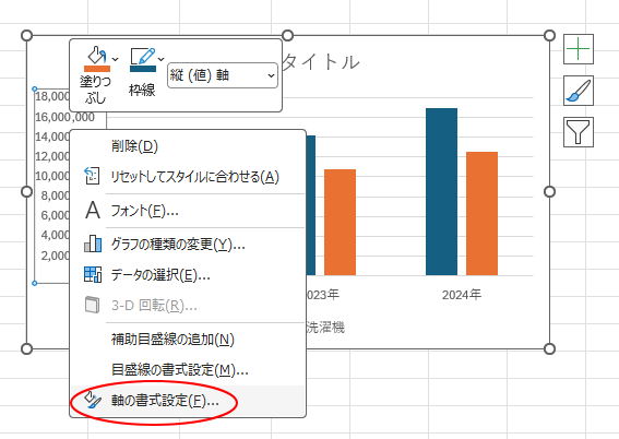 ショートカットメニューの［軸の書式設定］