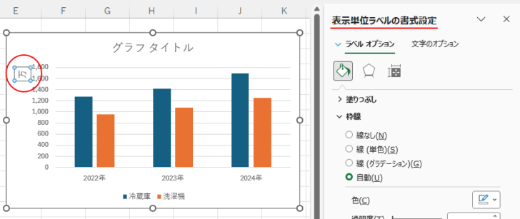 ［表示単位ラベルの書式設定］作業ウィンドウ