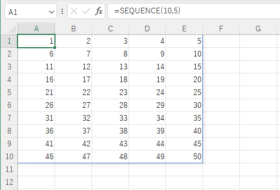 SEQUENCE関数で行と列を指定して10行5列の範囲に連続データを入力