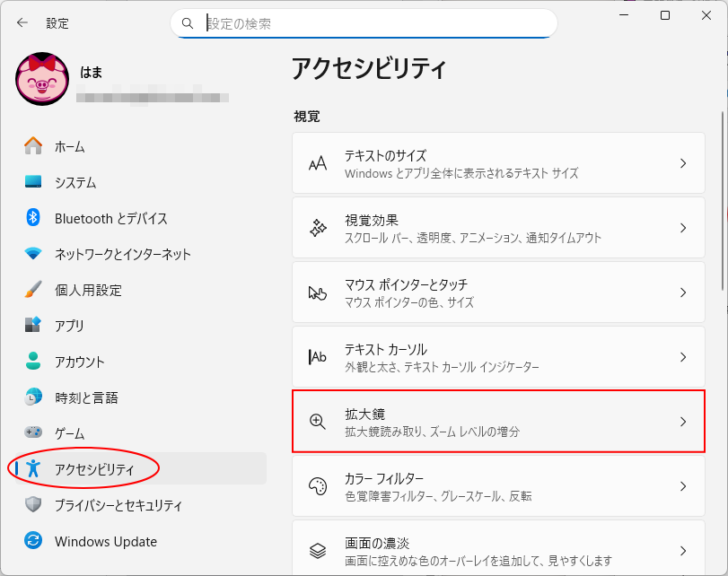 ［アクセシビリティ］の［拡大鏡］