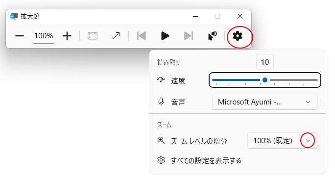 拡大鏡バーの［設定］-［ズームレベルの増分］