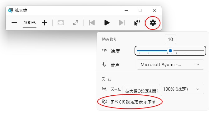 拡大鏡バーの［設定］-［すべての設定を表示する］