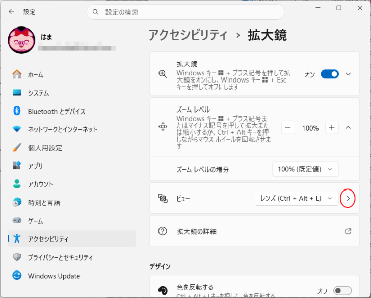拡大鏡設定で［レンズビュー］に切り替え