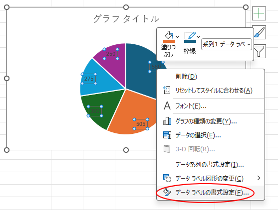 ショートカットメニューの［データラベルの書式設定］