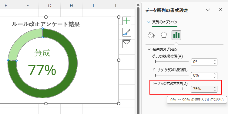 ［データ系列の書式設定］の［系列のオプション］-［ドーナツの穴の大きさ］