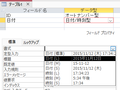 ［日付/時刻型］のフィールドプロパティ