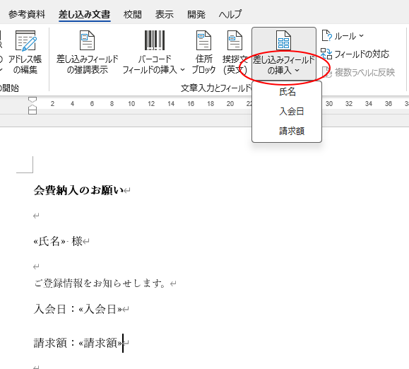 ［差し込み文書］タブの［差し込みフィールドの挿入］