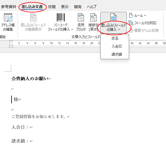 ［差し込み文書］タブの［文章入力とフィールドの挿入］グループにある［差し込みフィールドの挿入］