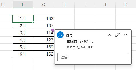 セルをポイントして表示したコメント