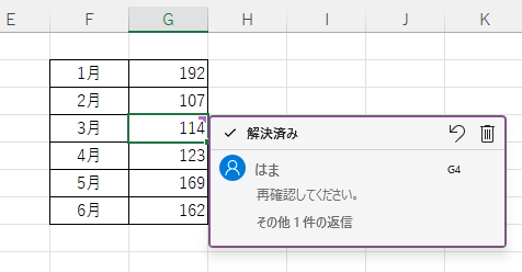 ［スレッドを解決する］をクリックした後のコメント