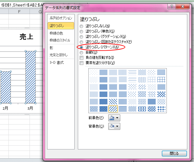 Excel2010の［データ系列の書式設定］－塗りつぶし（パターン）