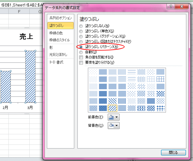 グラフ系列の塗りつぶしに（パターン）が復活  Excel 2010  初心者の 