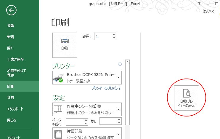 印刷プレビュー時に 印刷プレビューの表示 が出現する Excel 13 初心者のためのoffice講座