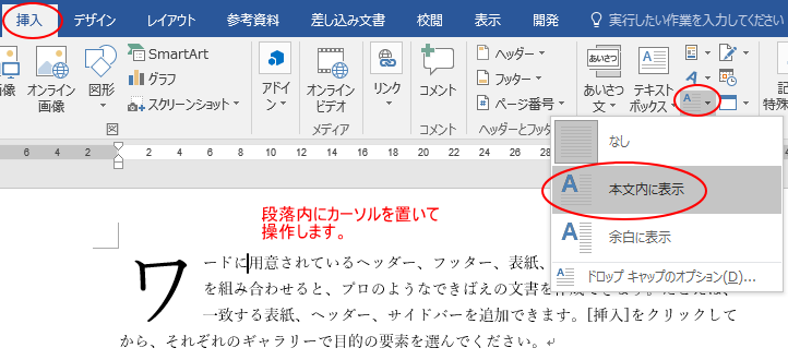 ドロップキャップの設定　本文内に表示