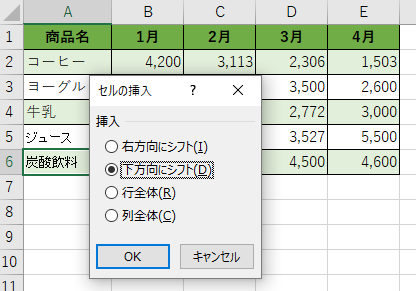 ［セルの挿入］ダイアログボックス